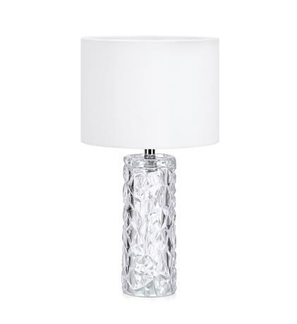 Madame bordlampe i Klar Glas med hvid tekstil lampeskærm, med afbryder på ledning, MAX 60W E27, diameter 24 cm, højde 46,5 cm.